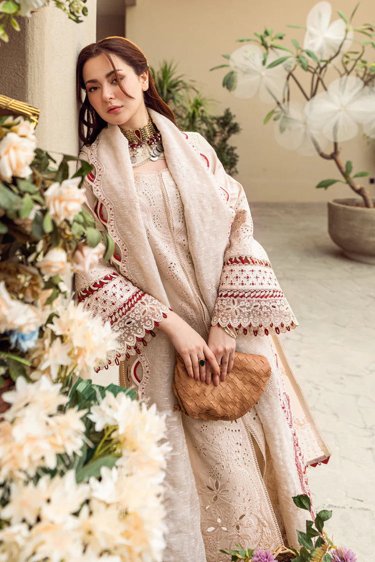 QALAMQAR-3PC CHIKANKAARI LAWN CUTWORK EMBROIDERED SHIRT WITH MANAAR EMBROIDERED CUTWORK DUPATTA AND TROUSER