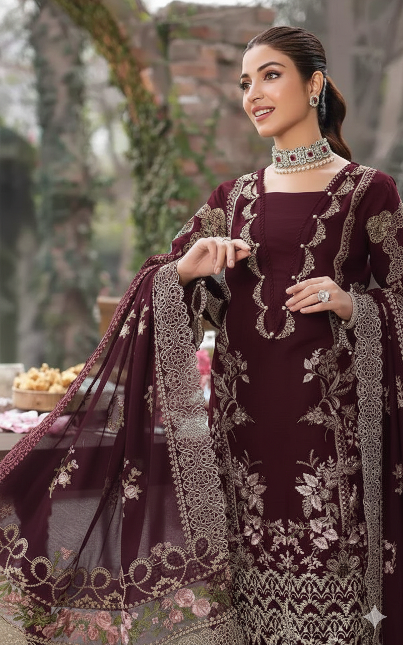 KAHF 3PC UNSTITCHED lawn 90/70 EMBROIDERED WITH EMBROIDERED SHAWL & PLAIN lawn 90/70 TROUSER
