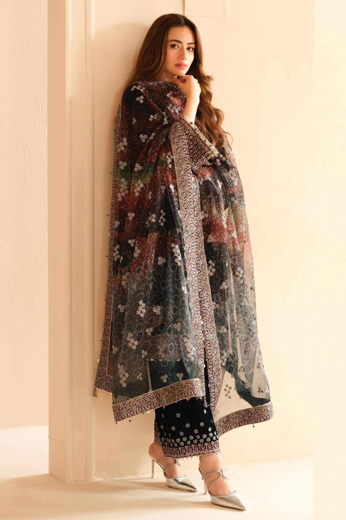 Jazmin 3PC Embroidered Velvet Suit with Embroidered Organza Dupatta