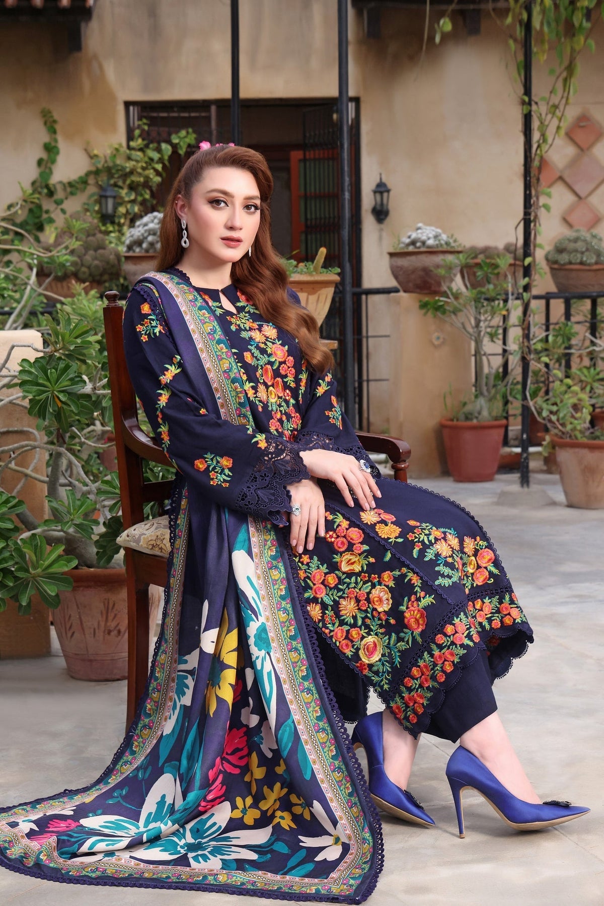 ANEELAS-3PC DHANAK EMBROIDERED SHIRT WITH COURTRAI PRINTED SHAWL & TROUSER-WM-4316