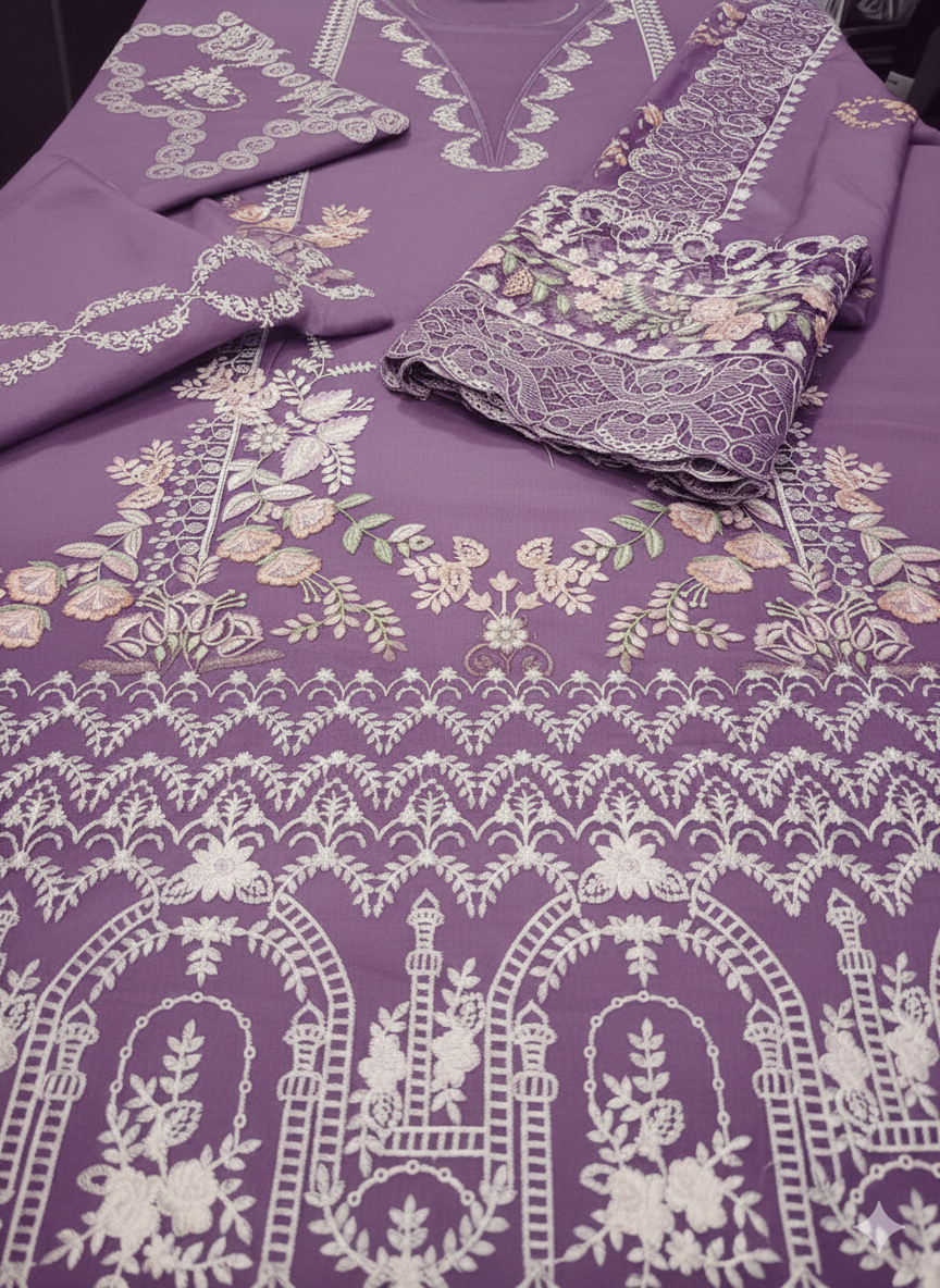 KAHF 3PC UNSTITCHED DHANAK EMBROIDERED WITH EMBROIDERED SHAWL & PLAIN DHANAK TROUSER