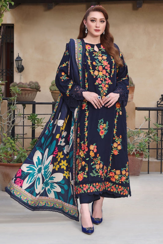 ANEELAS-3PC DHANAK EMBROIDERED SHIRT WITH COURTRAI PRINTED SHAWL & TROUSER-WM-4316