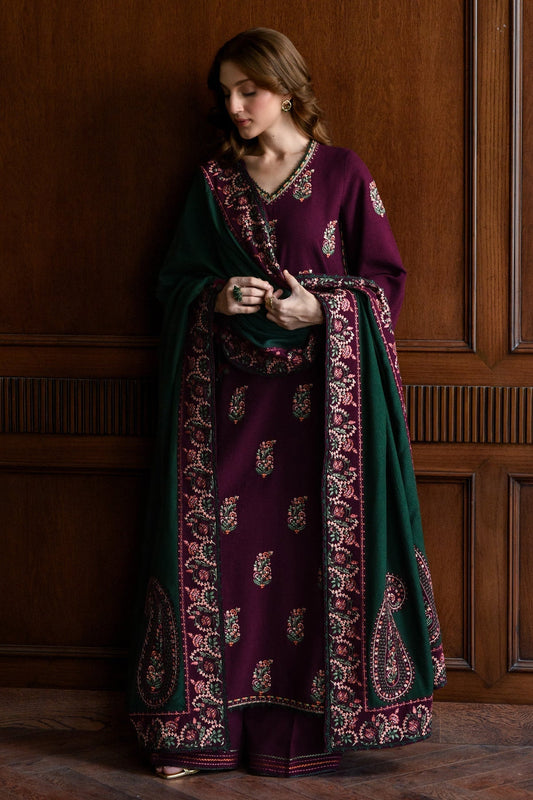 ZAIB DEEP PLUM LUXURY EMBROIDERED DHANAK 3PC WITH EMBROIDERED SHAWL AND TROUSER-WM-4331