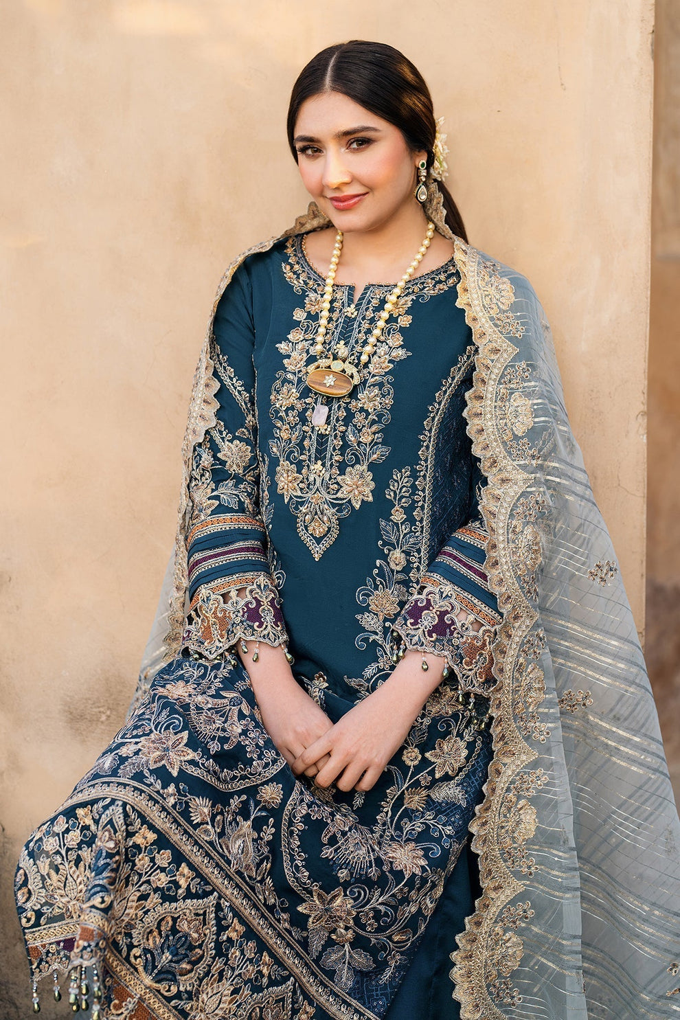 BATIK-3PC DHANAK HEAVY EMBROIDERED SHIRT WITH COTTON NET EMBROIDERED DUPATTA AND EMB TROUSER-BIC-4238