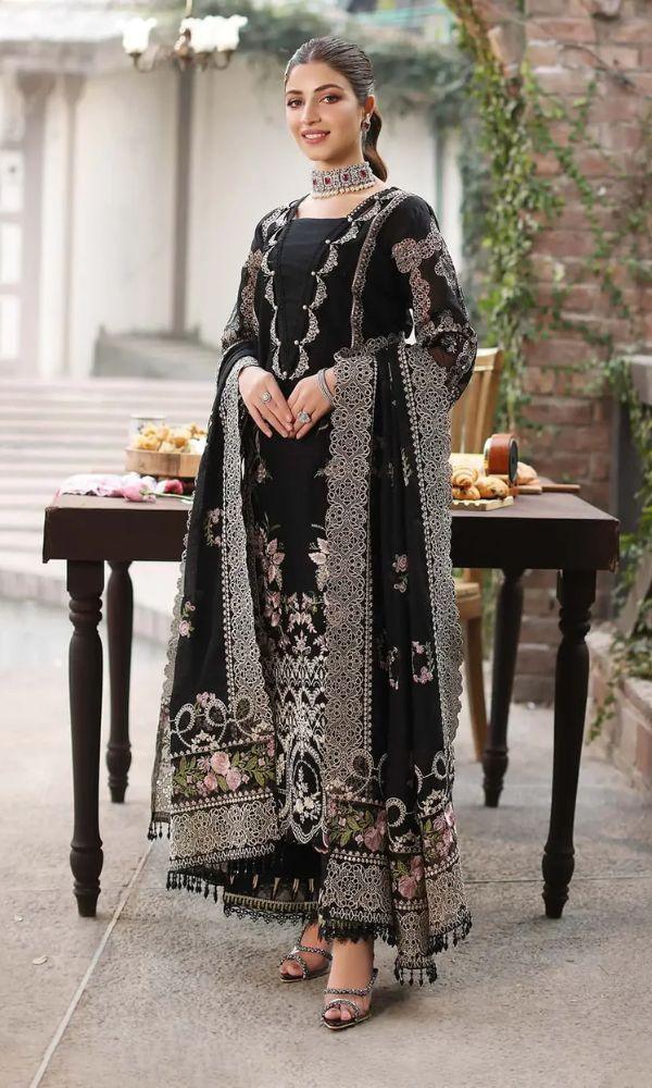 KAHF 3PC UNSTITCHED Lawn 90/70 EMBROIDERED WITH EMBROIDERED SHAWL & PLAIN Lawn TROUSER
