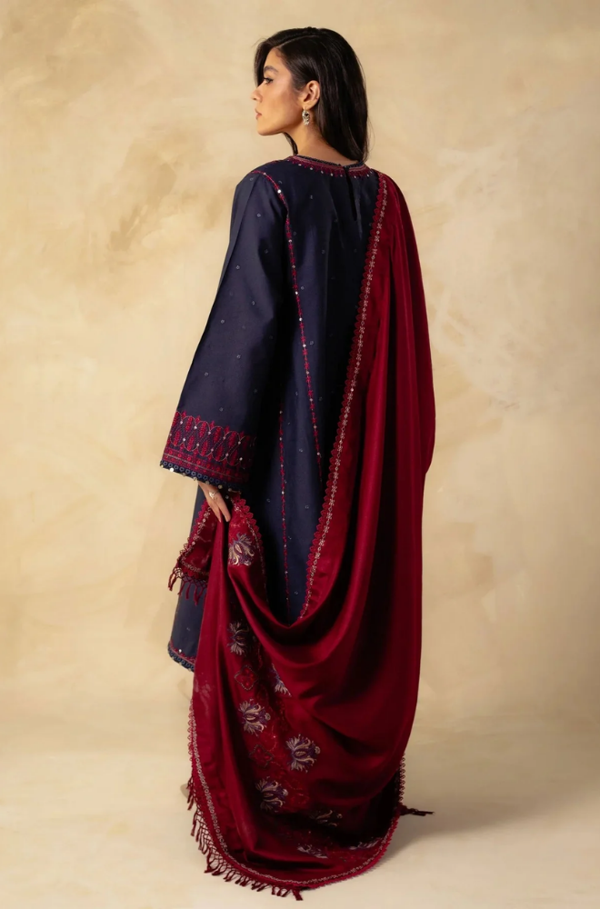 ZARA SHAHJAHAN 3PC UNSTITCHED DHANAK SEQUENCE WORK WITH DHANAK EMBROIDERED SHAWL AND TROUSER