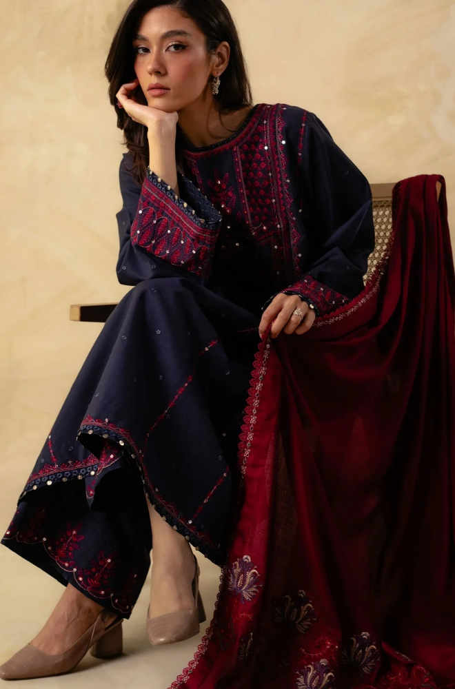 ZARA SHAHJAHAN 3PC UNSTITCHED DHANAK SEQUENCE WORK WITH DHANAK EMBROIDERED SHAWL AND TROUSER