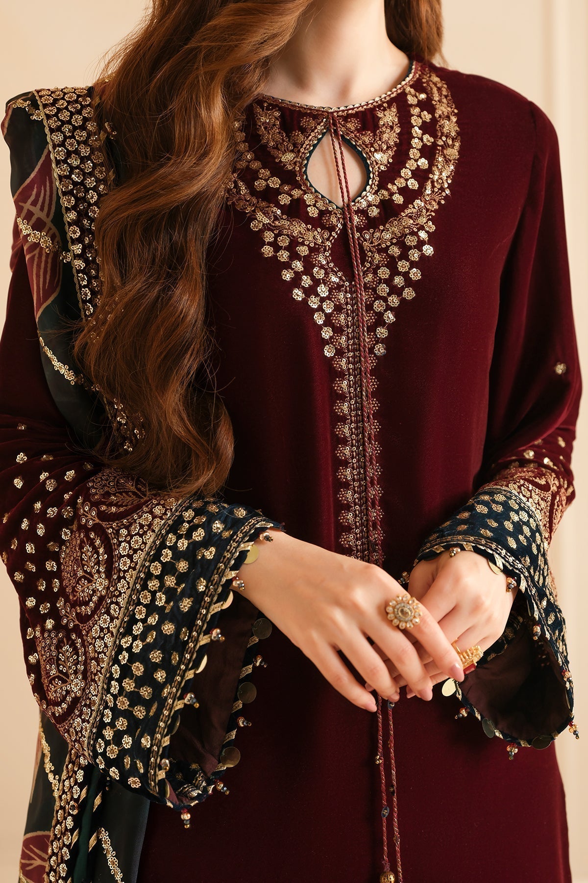 Jazmin 3PC Embroidered Velvet Suit with Embroidered Organza Dupatta