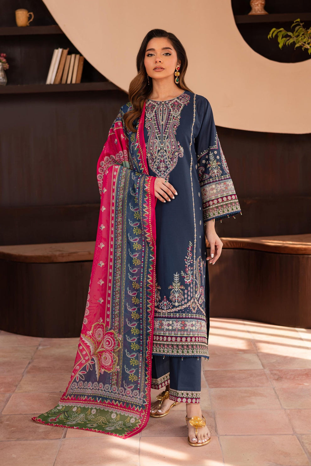 BATIK-3PC DHANAK SEQUENCE EMBROIDERED SHIRT WITH COUTRAI PRINTED SHAWL & DHANAK EMB TOUSER-BIC-4179