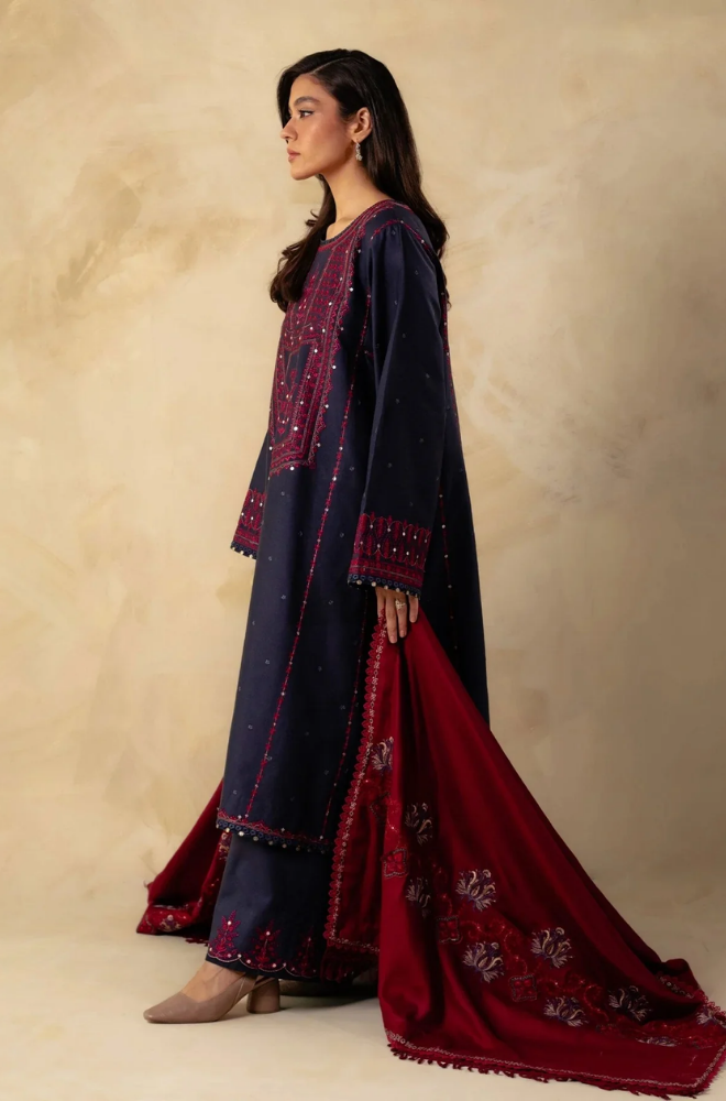 ZARA SHAHJAHAN 3PC UNSTITCHED DHANAK SEQUENCE WORK WITH DHANAK EMBROIDERED SHAWL AND TROUSER