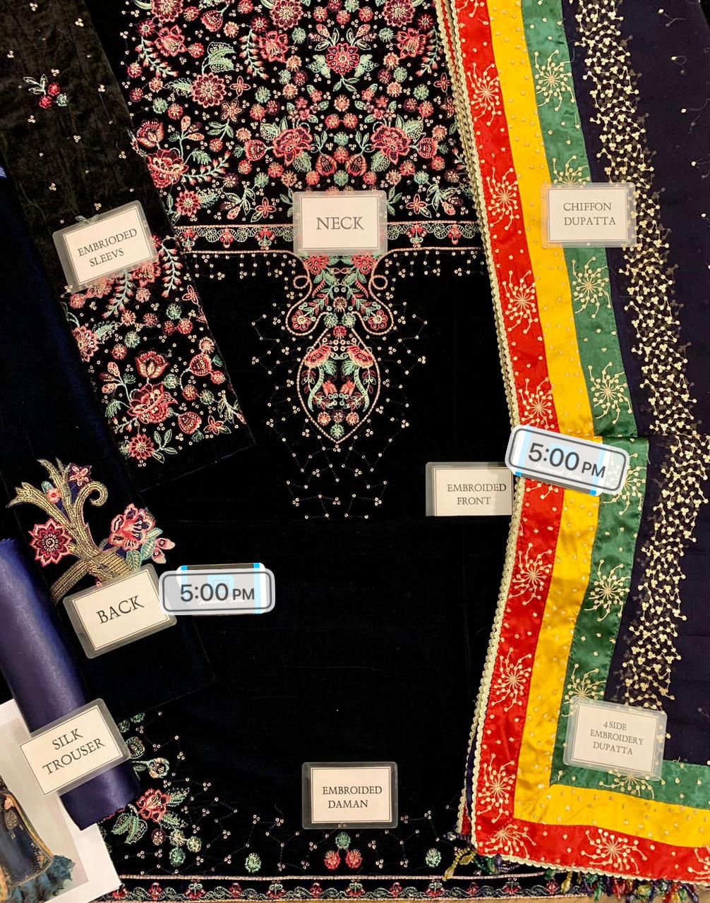 Brand Name 

  *Jazmine*

Fabric Details

(Shirt……Velvet 
(Dupatta)…Chiffon
(Trouser)……….. Silk
