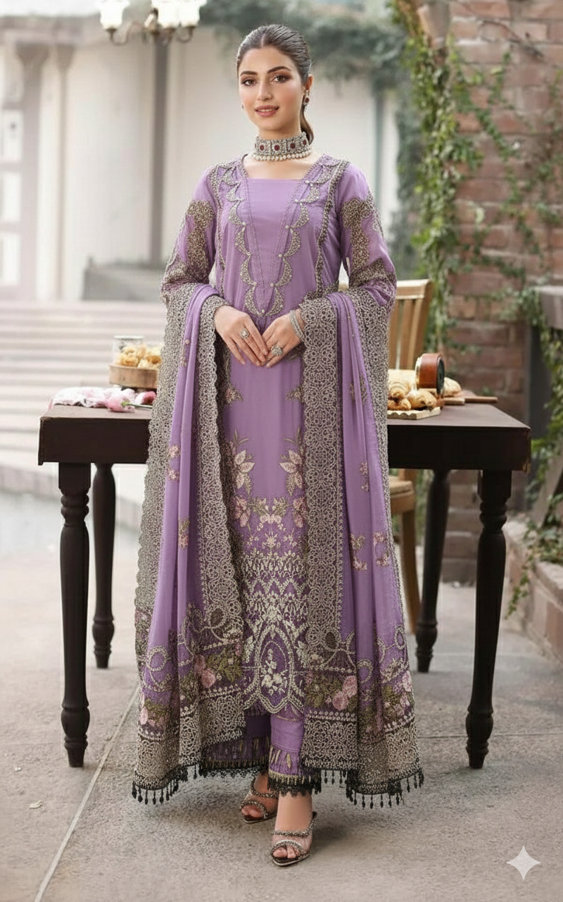 KAHF 3PC UNSTITCHED DHANAK EMBROIDERED WITH EMBROIDERED SHAWL & PLAIN DHANAK TROUSER