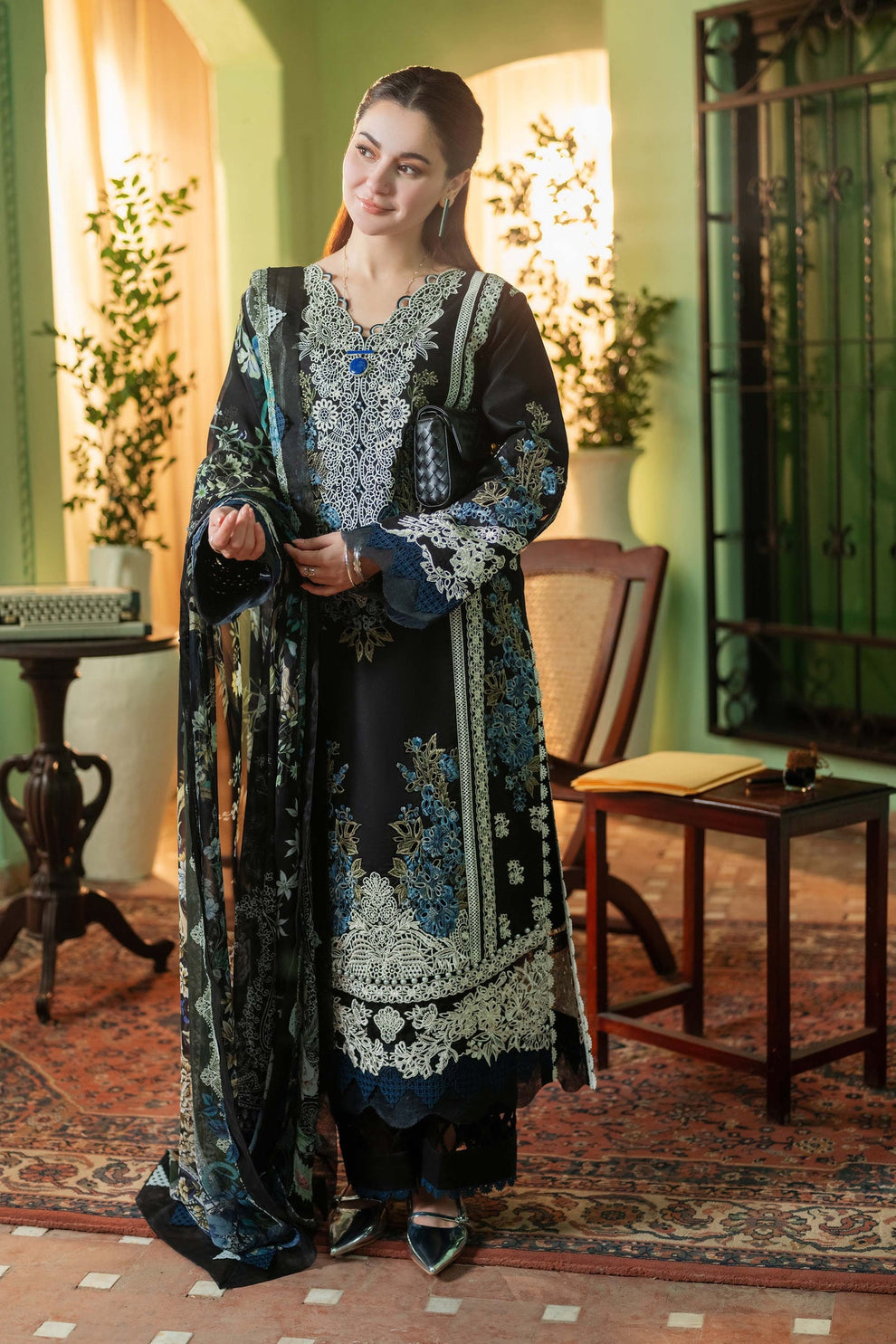 JADE-3PC DHANAK EMBROIDERED SHIRT WITH COUTRAI PRINTED SHAWL & DHANAK TOUSER-BIC-4223