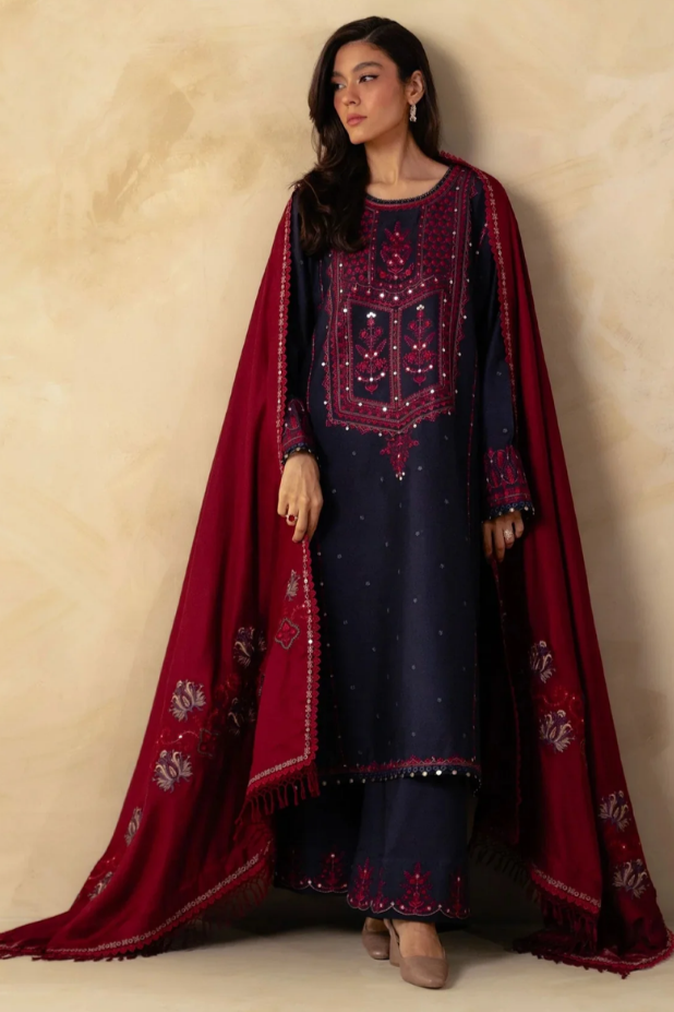 ZARA SHAHJAHAN 3PC UNSTITCHED DHANAK SEQUENCE WORK WITH DHANAK EMBROIDERED SHAWL AND TROUSER