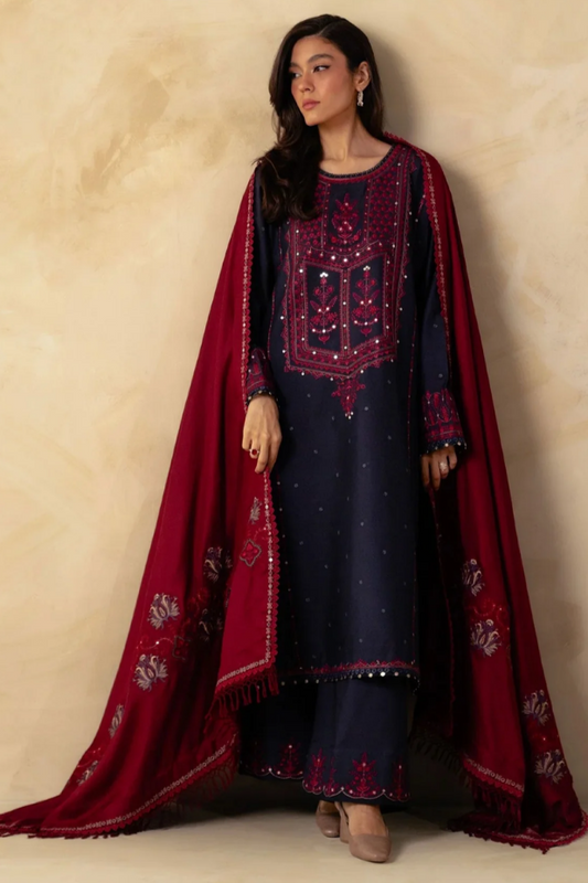 ZARA SHAHJAHAN 3PC UNSTITCHED DHANAK SEQUENCE WORK WITH DHANAK EMBROIDERED SHAWL AND TROUSER