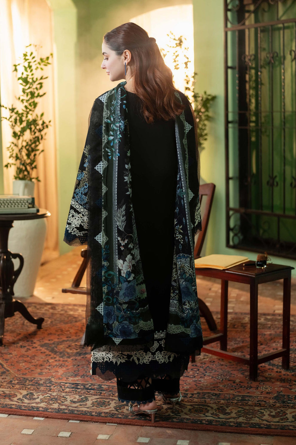 JADE-3PC DHANAK EMBROIDERED SHIRT WITH COUTRAI PRINTED SHAWL & DHANAK TOUSER-BIC-4223