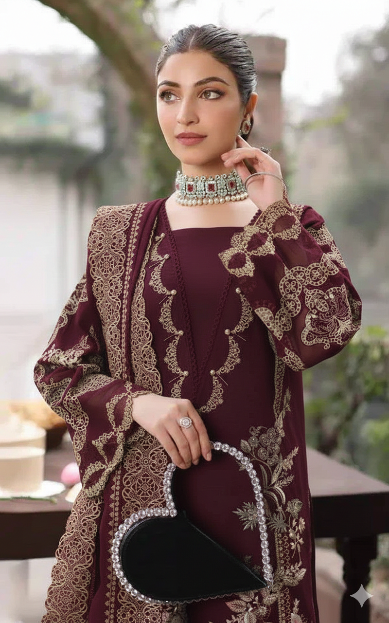 KAHF 3PC UNSTITCHED lawn 90/70 EMBROIDERED WITH EMBROIDERED SHAWL & PLAIN lawn 90/70 TROUSER