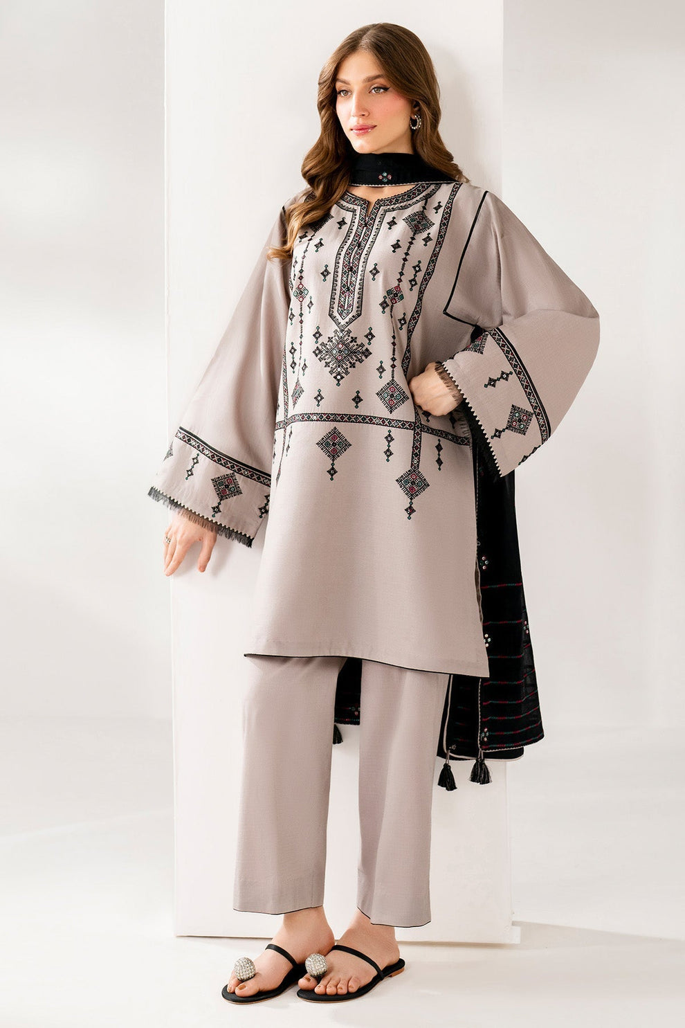 JAZMIN-3PC DHANAK EMBROIDERED SHIRT WITH DHANAK EMB SHAWL AND TROUSER
