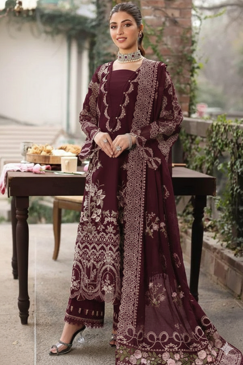 KAHF 3PC UNSTITCHED lawn 90/70 EMBROIDERED WITH EMBROIDERED SHAWL & PLAIN lawn 90/70 TROUSER