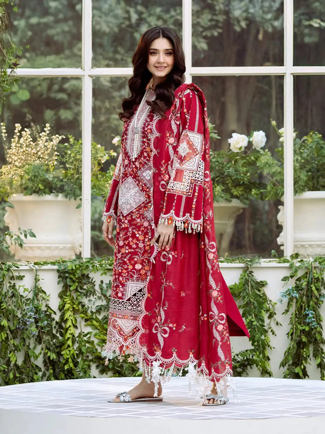 BIN_ILYAS Lawn EMBROIDERED 3PC WITH chiffon EMBROIDERED SHAWL
