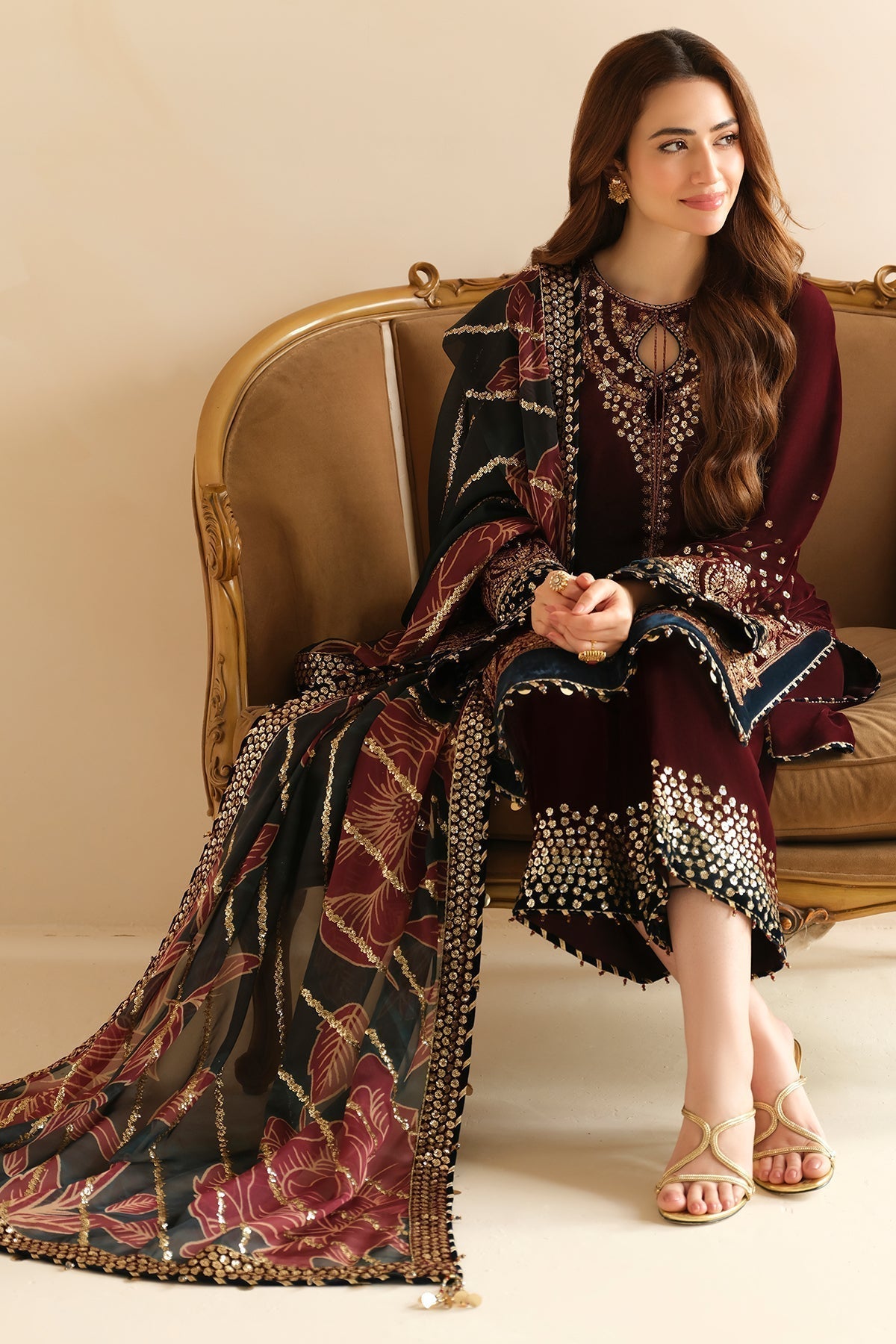 Jazmin 3PC Embroidered Velvet Suit with Embroidered Organza Dupatta