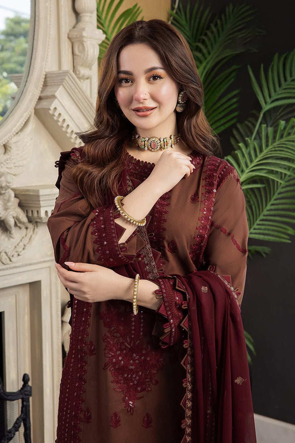 ASIM JOFA-3PC DHANAK EMBROIDERED SHIRT WITH DHANAK EMBROIDERED DUPATTA AND TROUSER-WM-3647