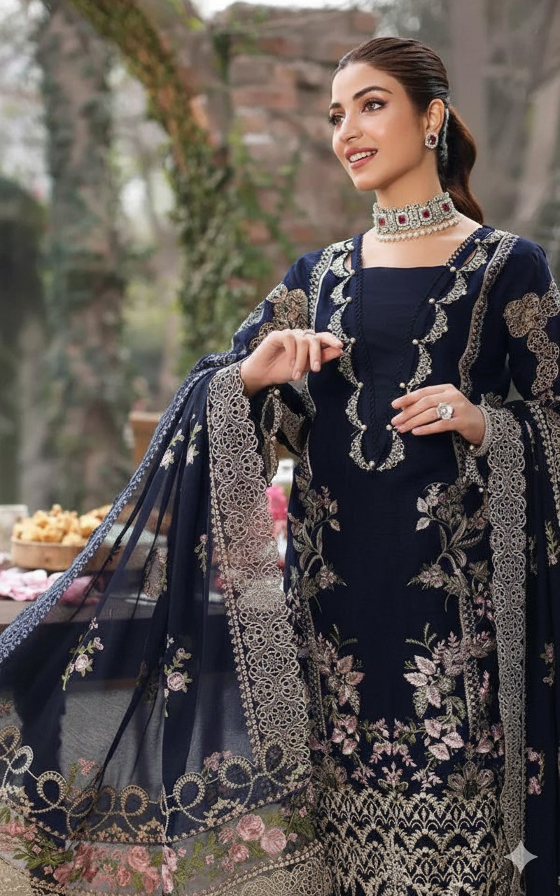 KAHF 3PC UNSTITCHED lawn 90/70 EMBROIDERED WITH EMBROIDERED SHAWL & PLAIN lawn 90/70 TROUSER