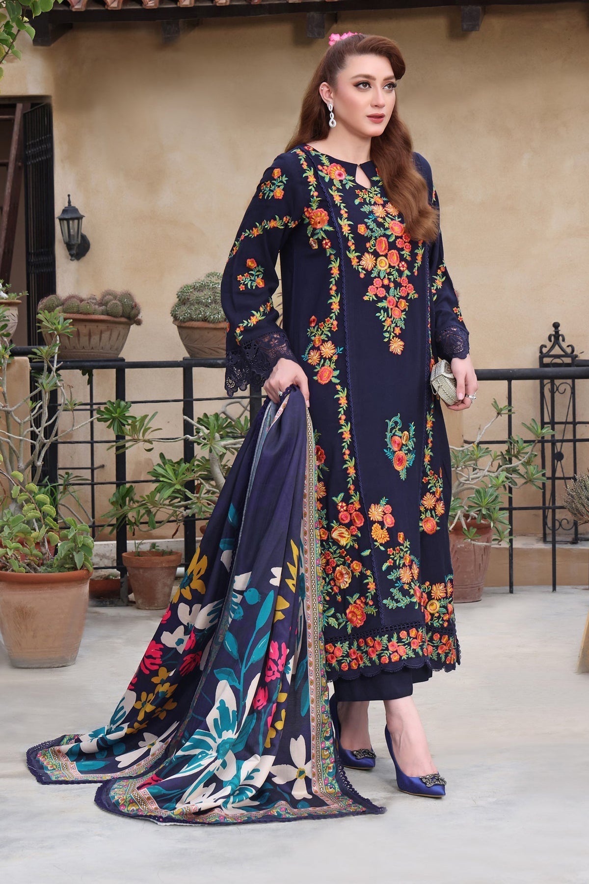 ANEELAS-3PC DHANAK EMBROIDERED SHIRT WITH COURTRAI PRINTED SHAWL & TROUSER-WM-4316
