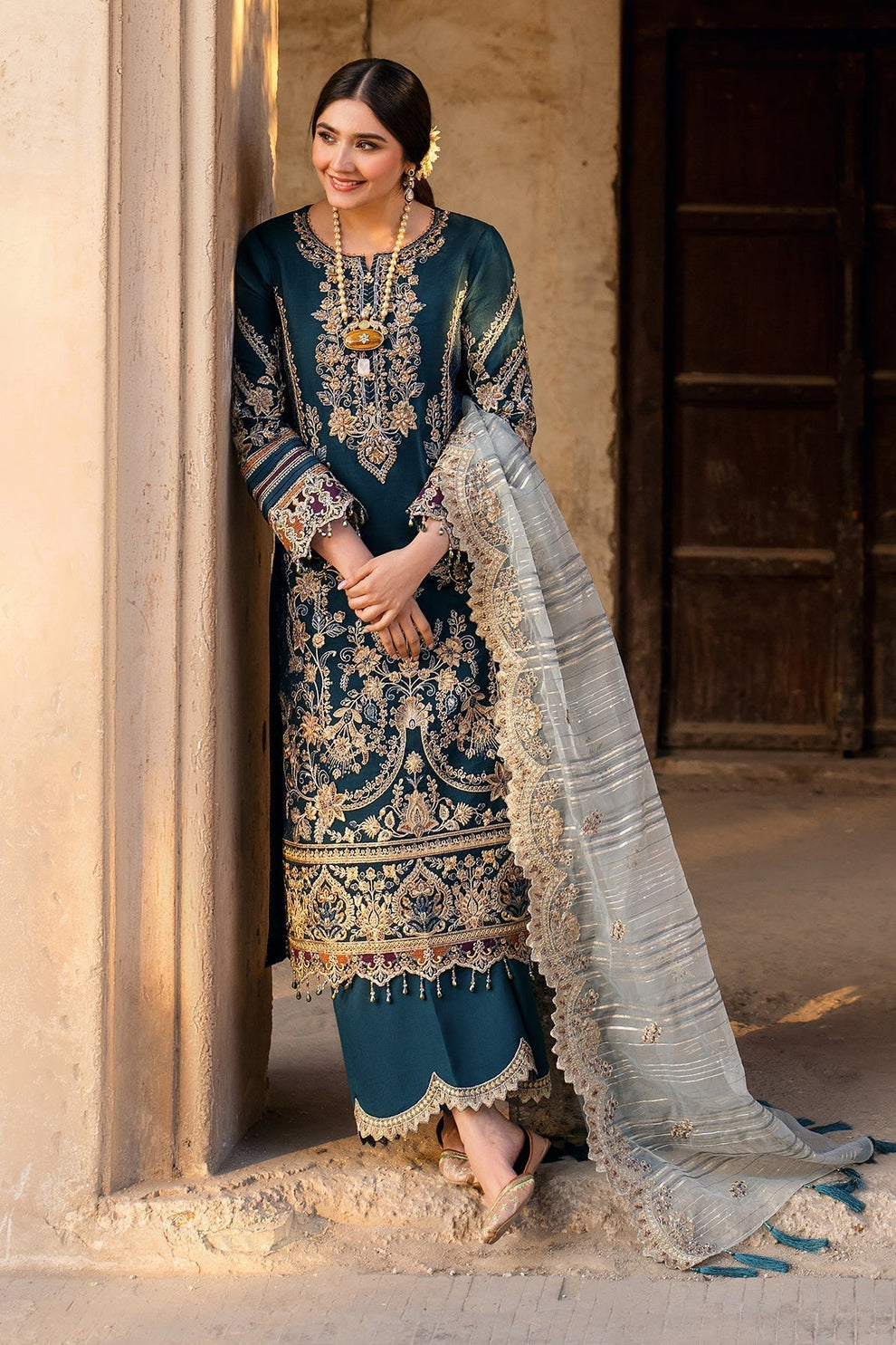 BATIK-3PC DHANAK HEAVY EMBROIDERED SHIRT WITH COTTON NET EMBROIDERED DUPATTA AND EMB TROUSER-BIC-4238