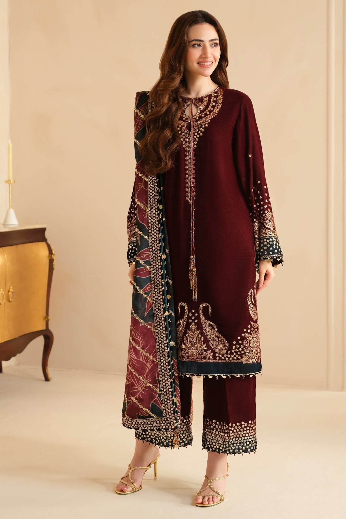 Jazmin 3PC Embroidered Velvet Suit with Embroidered Organza Dupatta