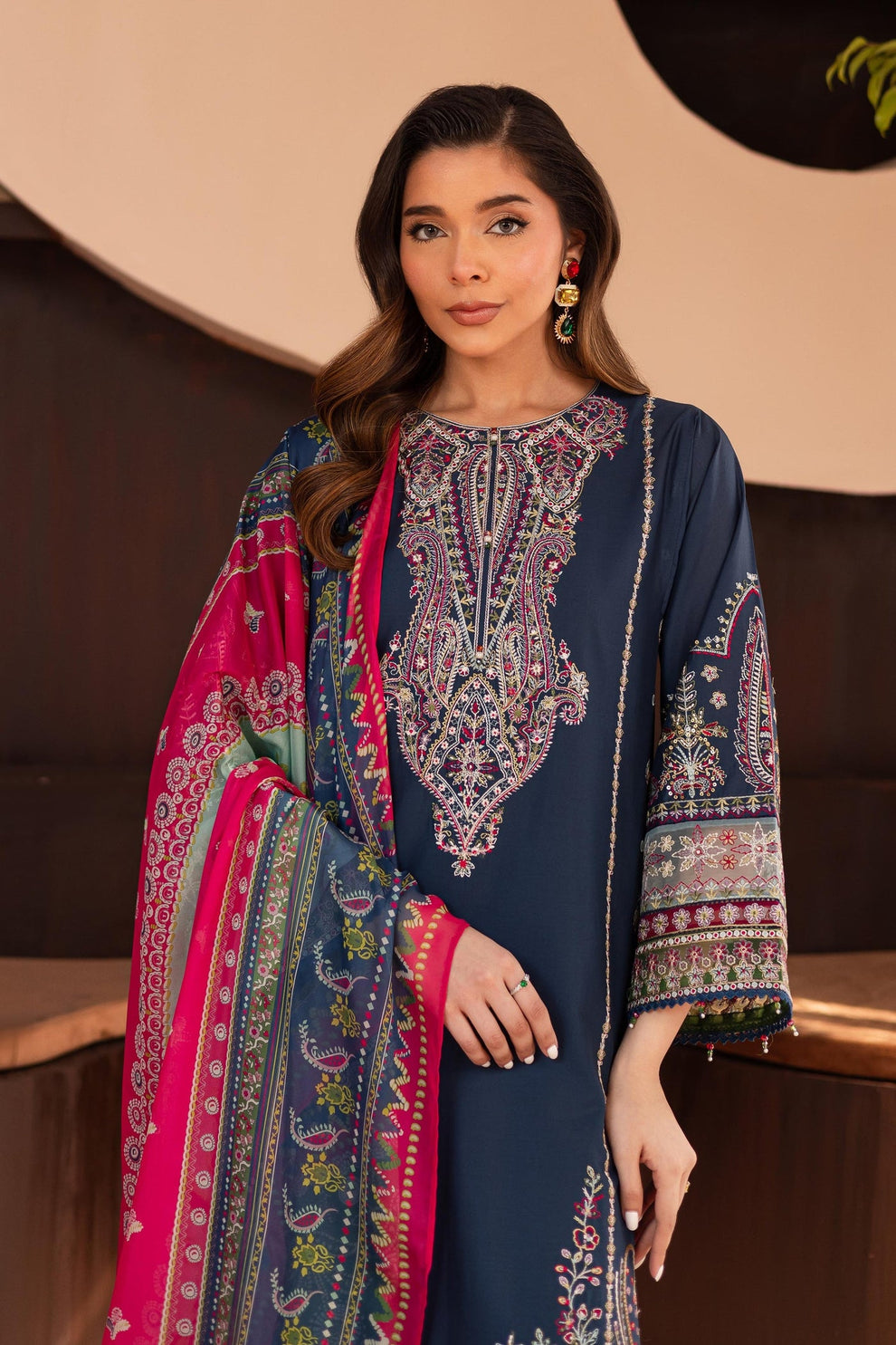 BATIK-3PC DHANAK SEQUENCE EMBROIDERED SHIRT WITH COUTRAI PRINTED SHAWL & DHANAK EMB TOUSER-BIC-4179